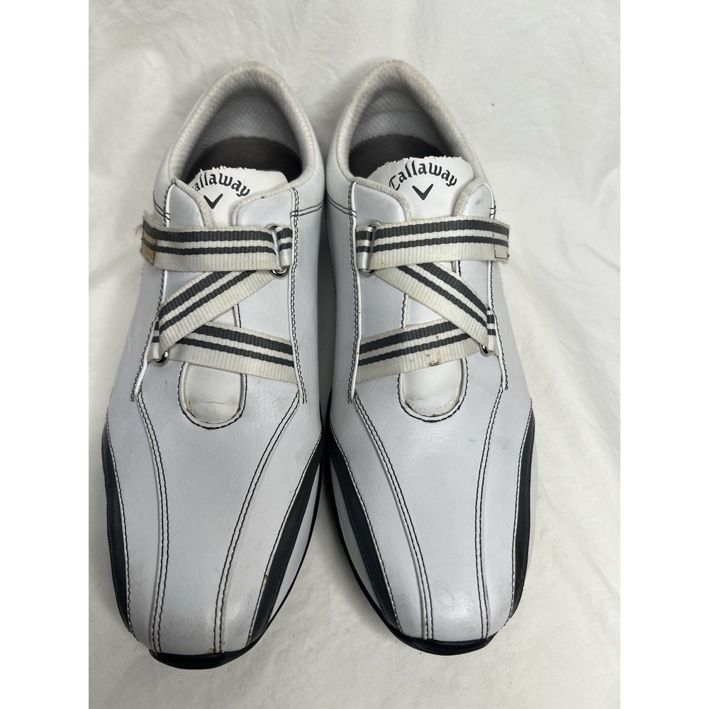 Callaway Men's Golf Shoes White Black Striped Leather Sneaker Rubber Cleats US …